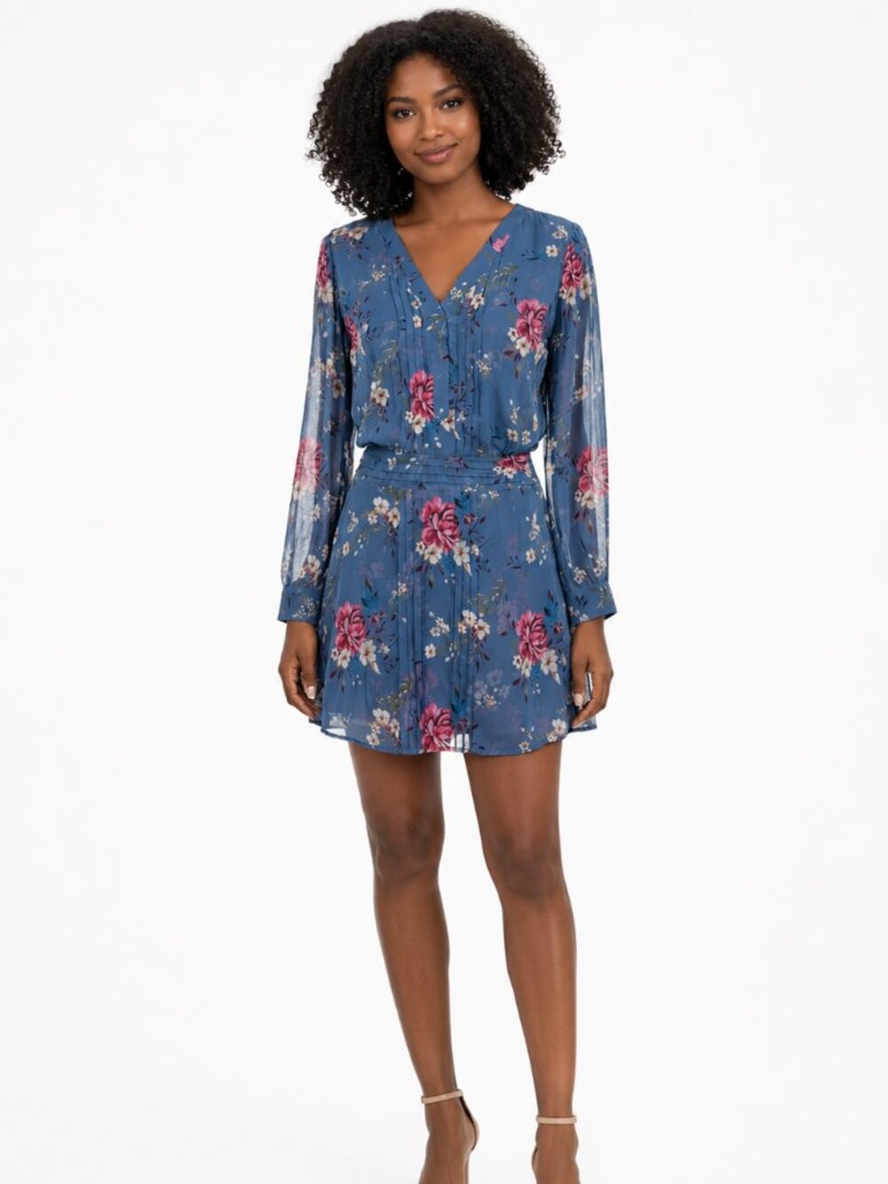 NWT WHBM Floral Blue Pink Long Sleeve Pleated Mini Dress Size 2